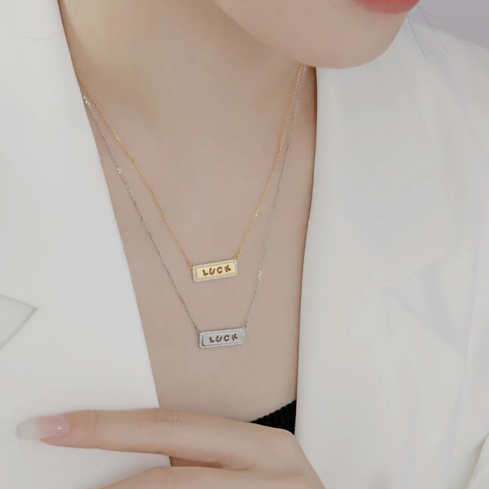 Silver Zircon Round Cut Luck Bar Necklace