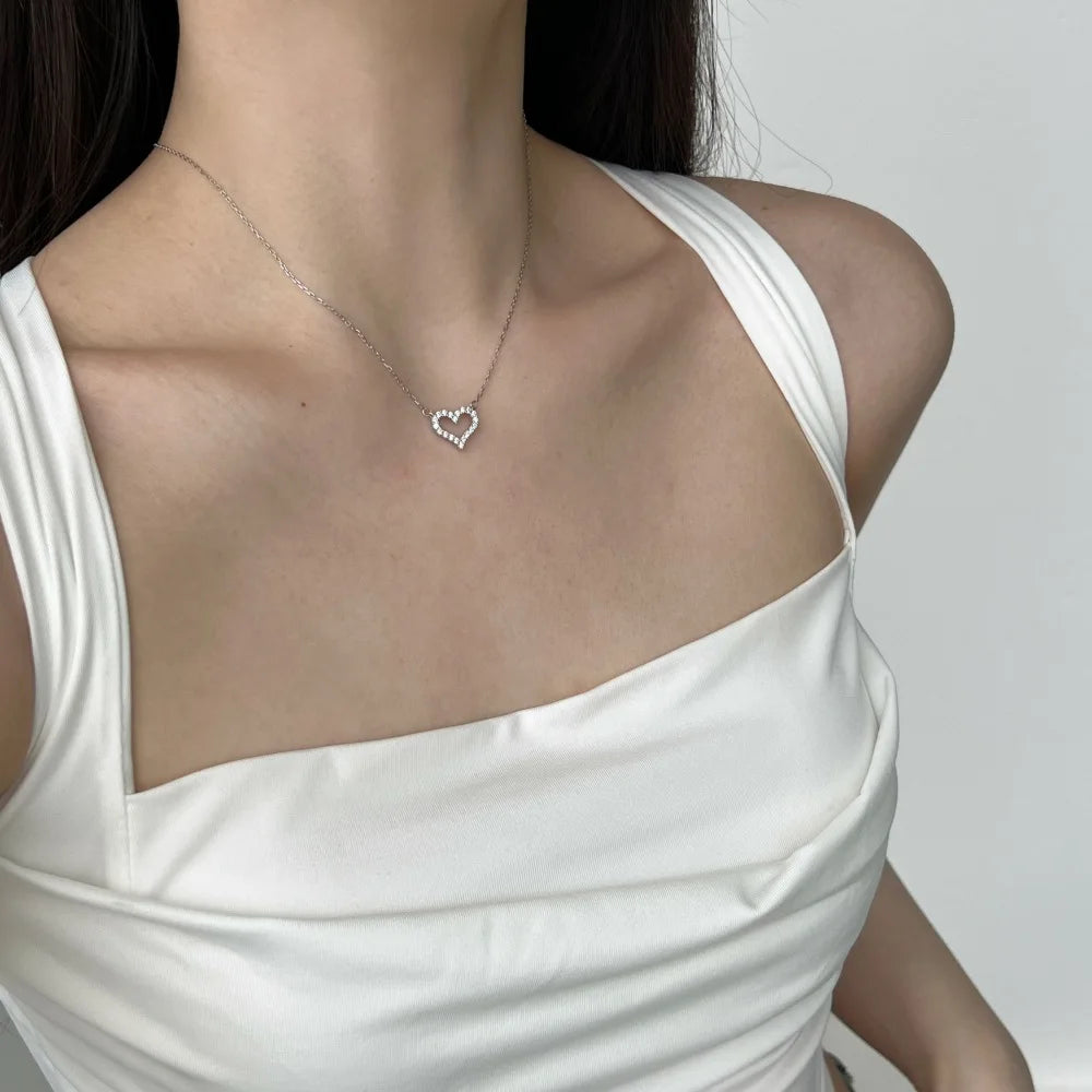 Silver Zircon Round Cut Small Inlaid Halo Heart Pendant Necklace