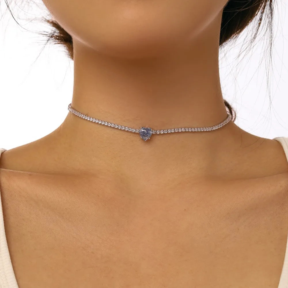 Silver Zircon Heart Cut Inlaid Layered Tennis Necklace
