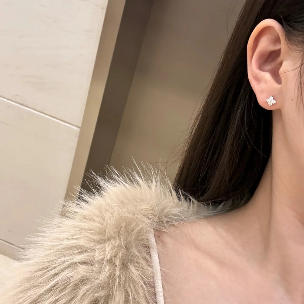 Silver Zircon Round Cut Inlaid Butterfly Ear Studs