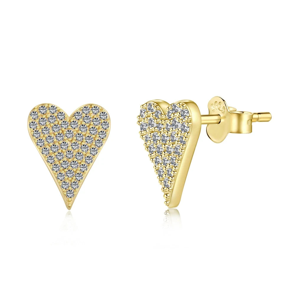 Silver Zircon Round Cut Iced Heart Ear Studs