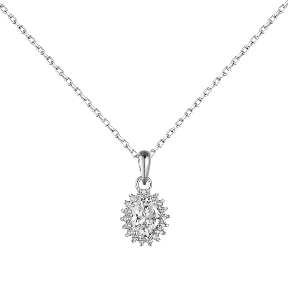 Silver Zircon Oval Cut Halo Flower Pendant Necklace