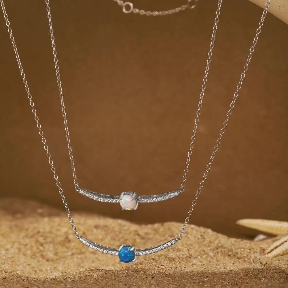 Silver Opal Round Cut Single Bar Necklace