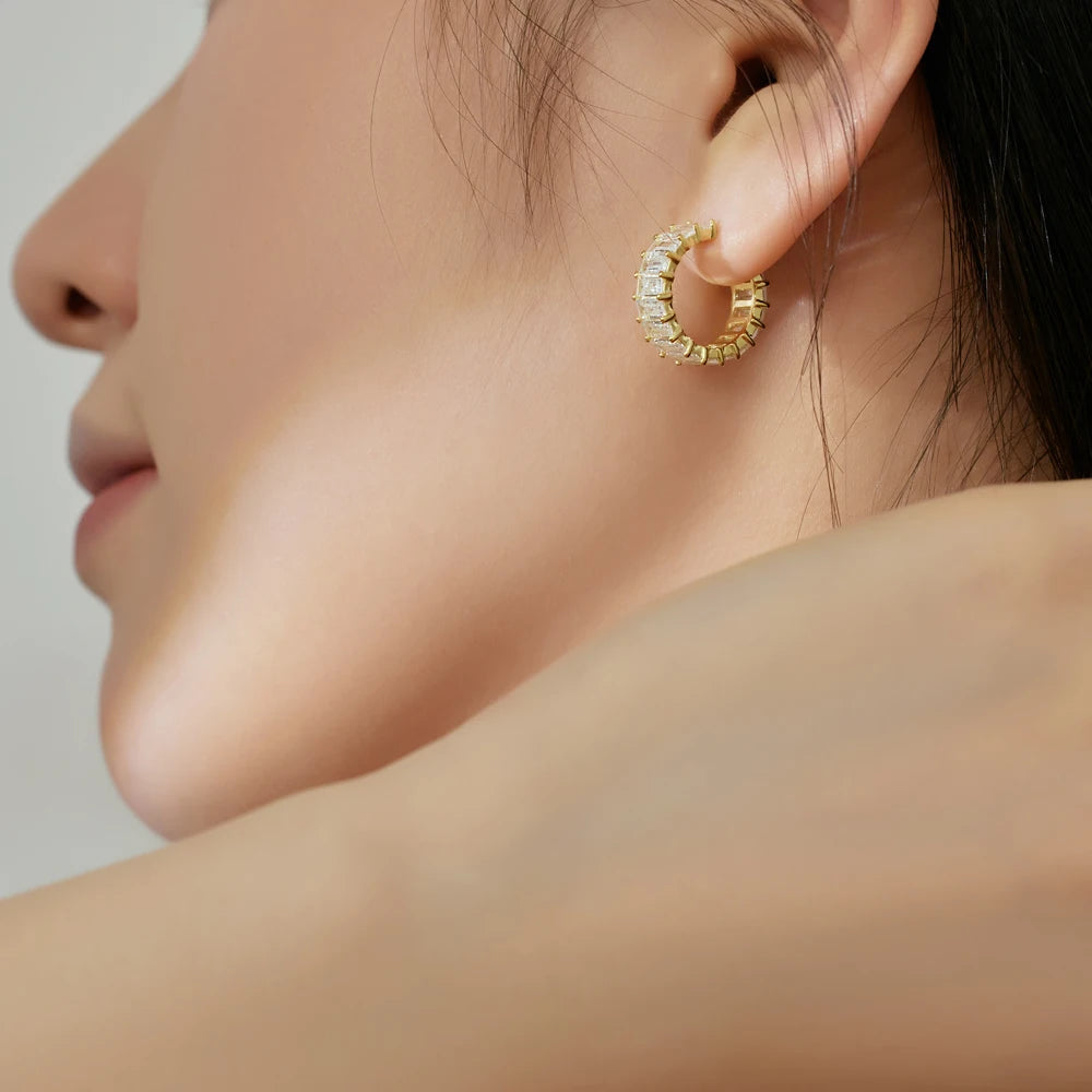 Silver Zircon Emerald Cut Hook Inlaid Ear Hoops