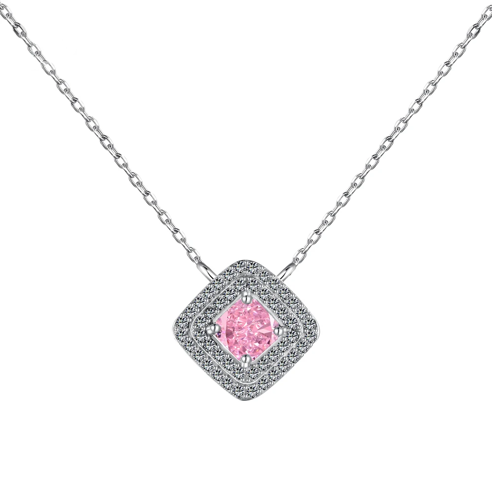 Silver Zircon Princess Cut Pillow Pendant Necklace