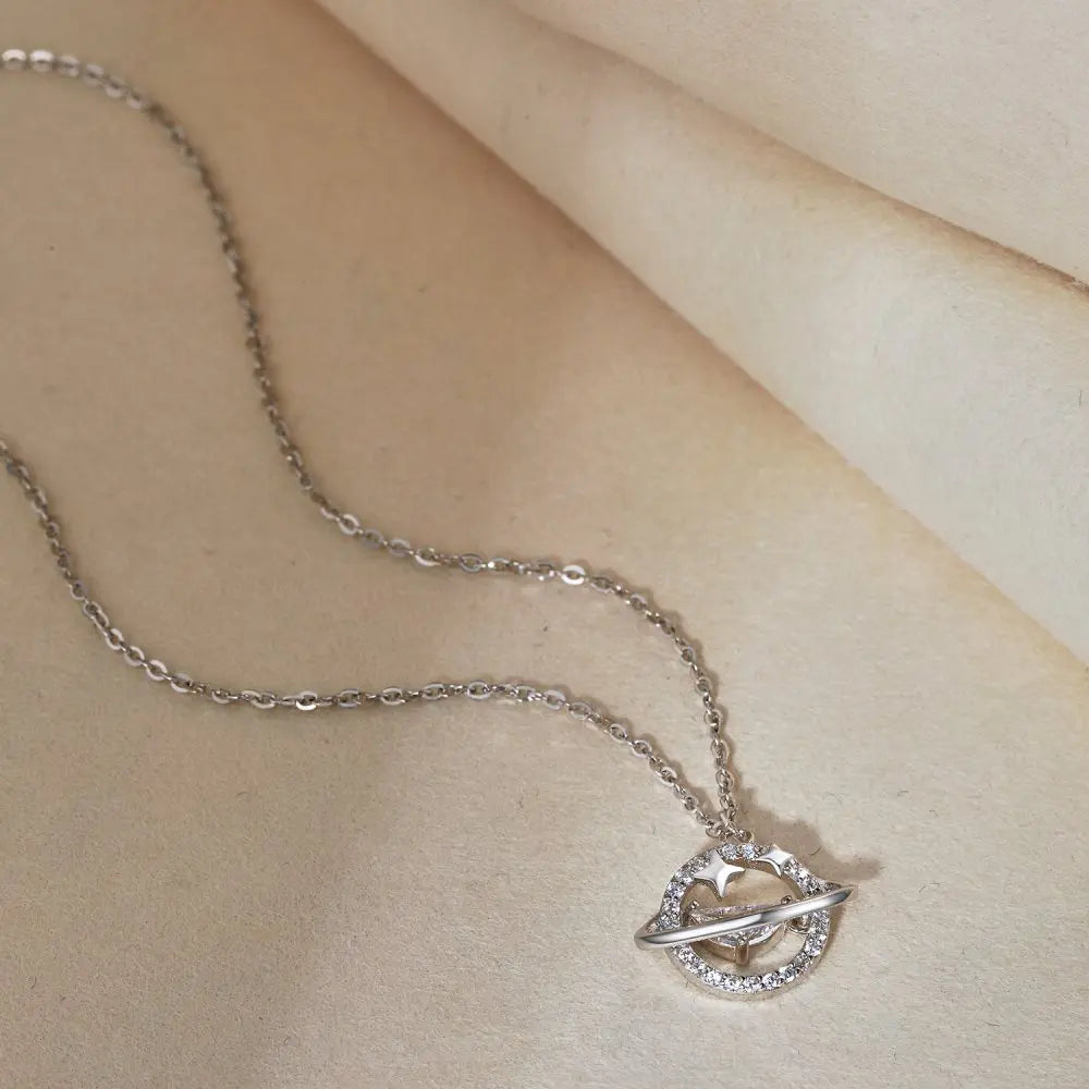 Silver Zircon Half Moon Cut Planet Pendant Necklace