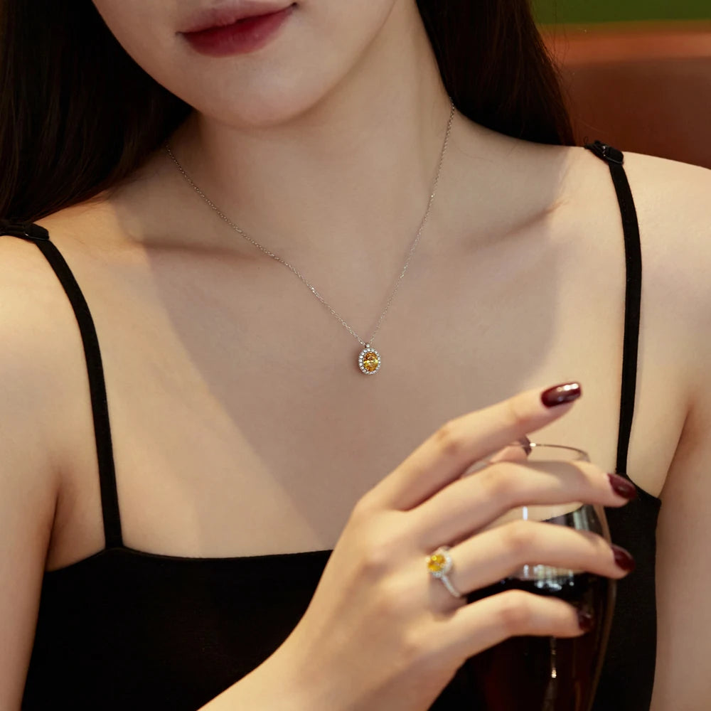 Silver Zircon Oval Cut Halo Pendant Necklace