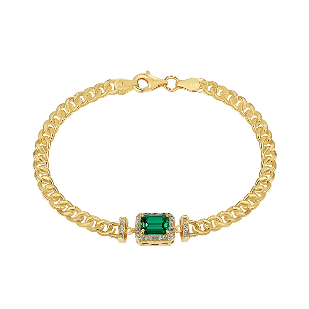 Silver Zircon Emerald Cut Cuban Chain Bracelet