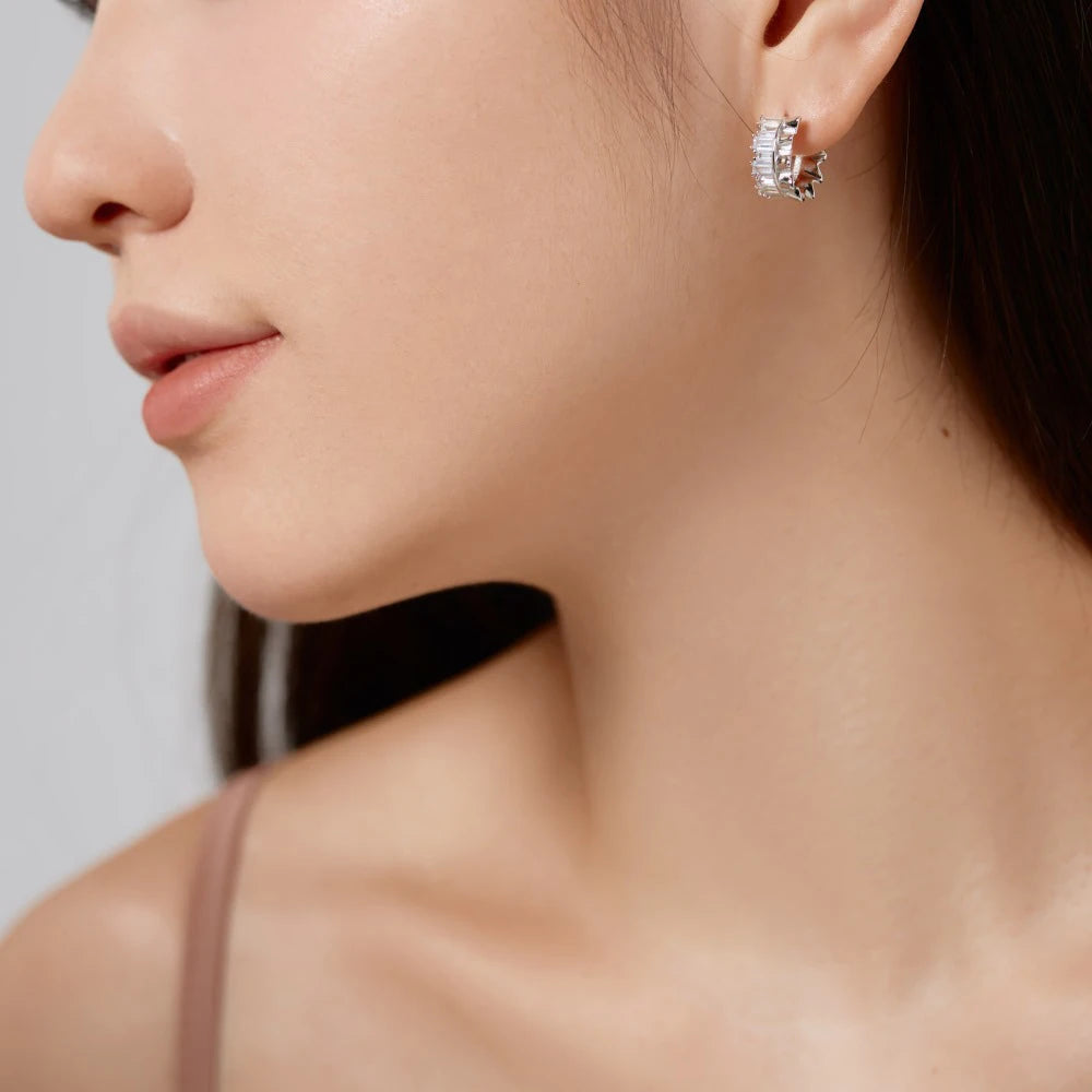 Silver Zircon Emerald Cut Curved Sided Ear Hoops