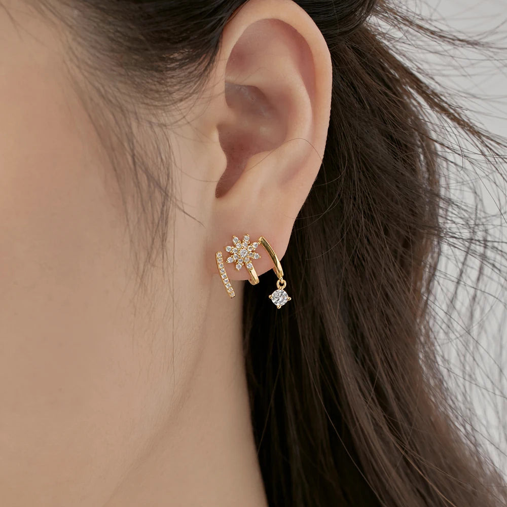 Silver Zircon Round Cut Twisted Flower Huggie Earrings
