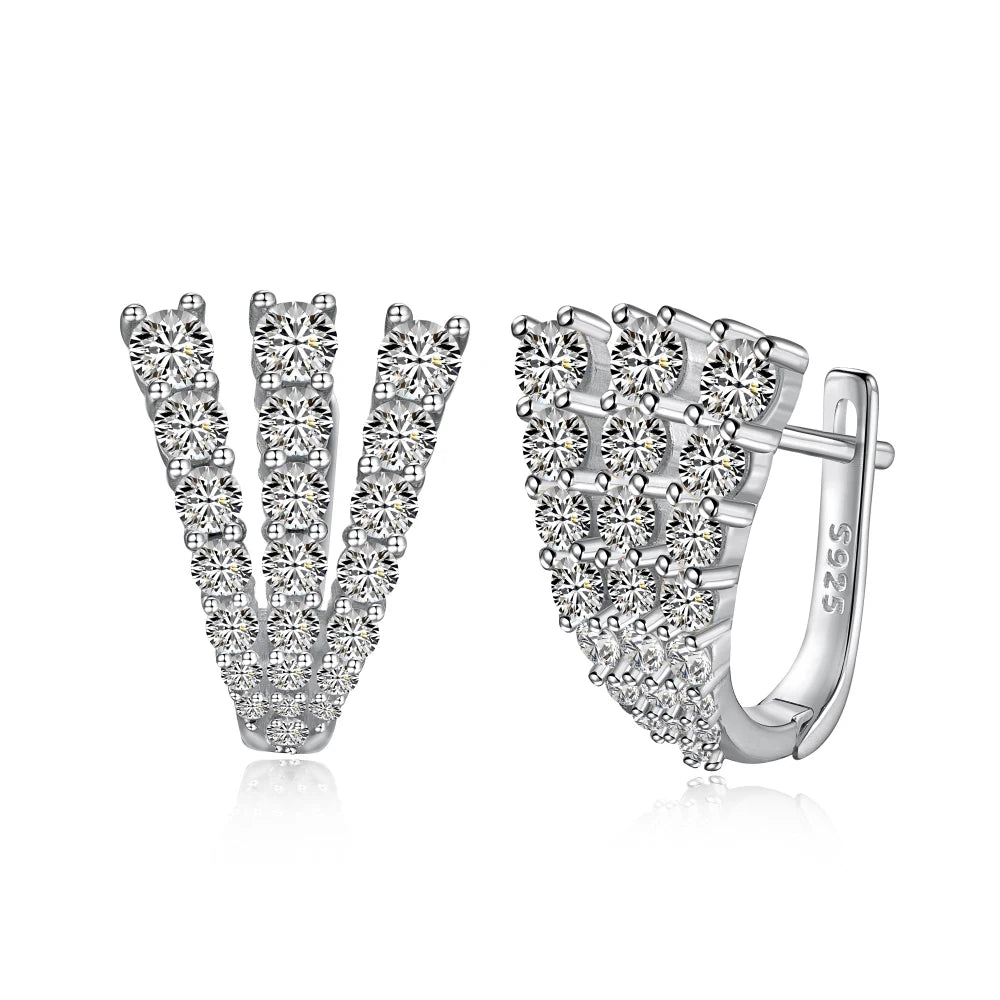 Silver Zircon Round Cut Twisted V Huggie Earrings