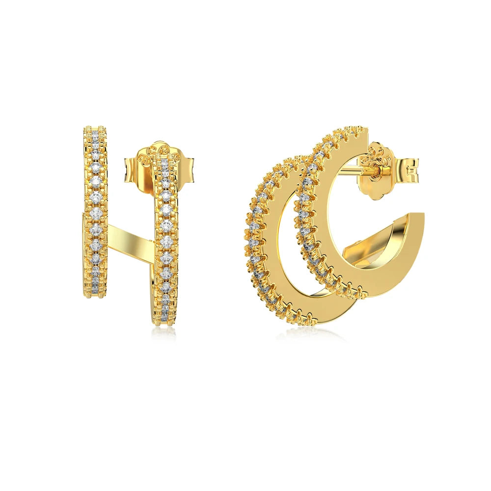 Silver Zircon Round Cut Double Layer Ear Hoops
