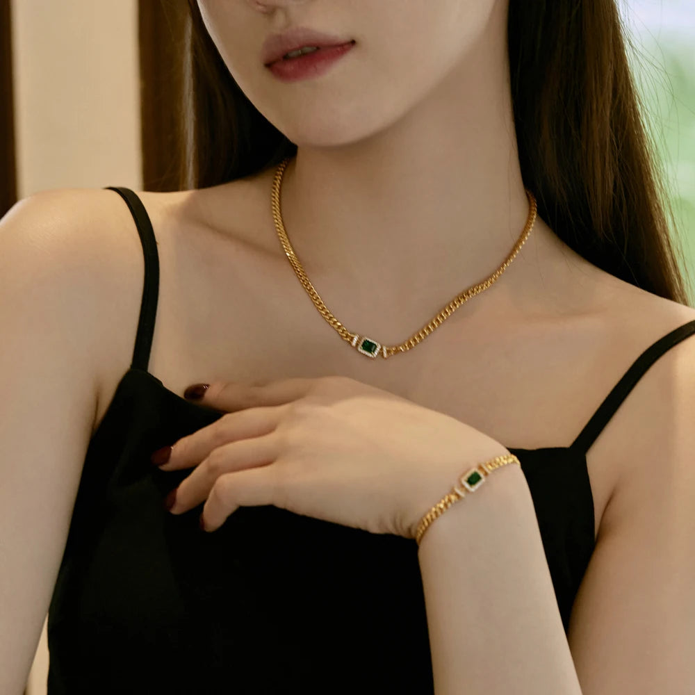 Silver Zircon Emerald Cut Cuban Chain Necklace