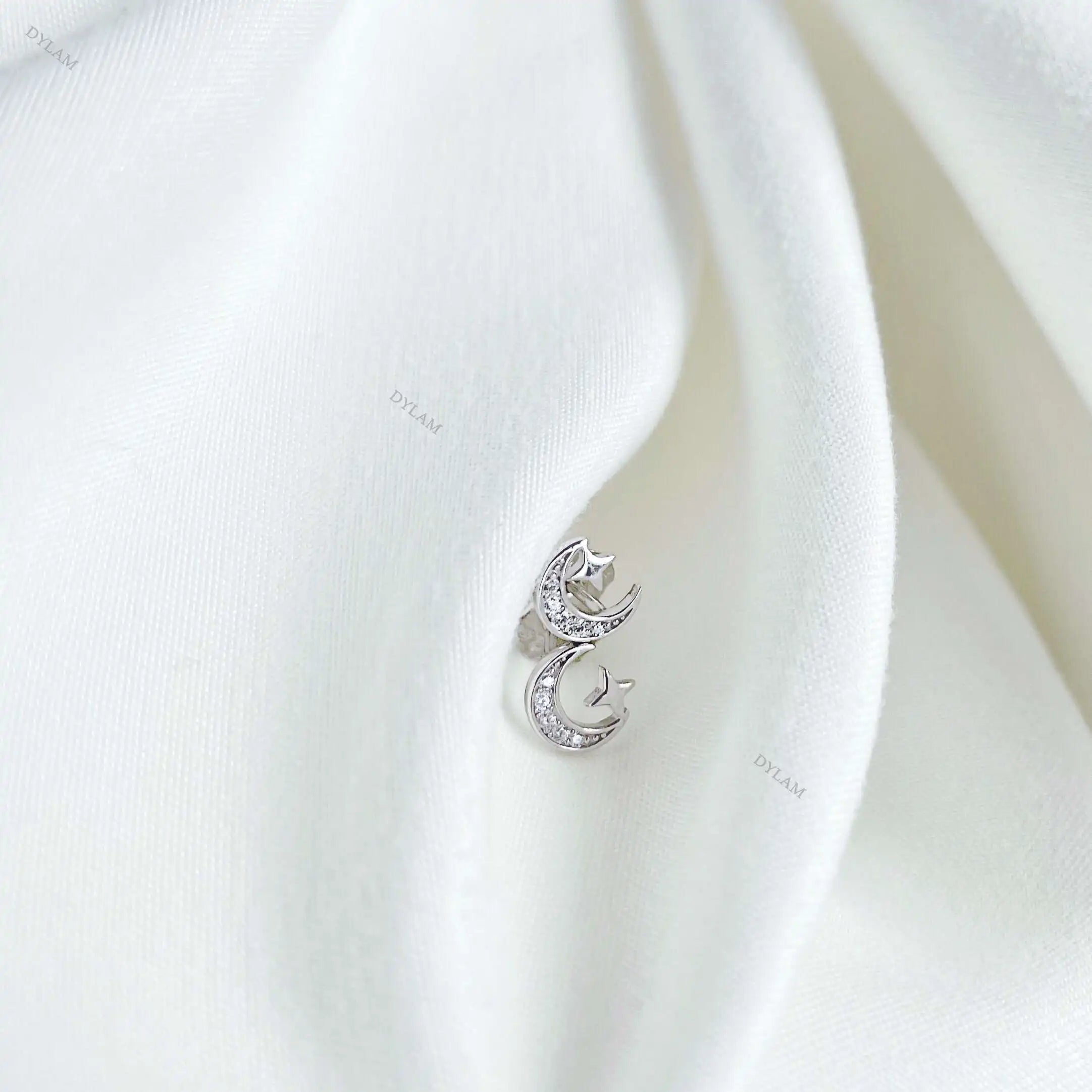 Silver Zircon Round Cut Crescent Ear Studs