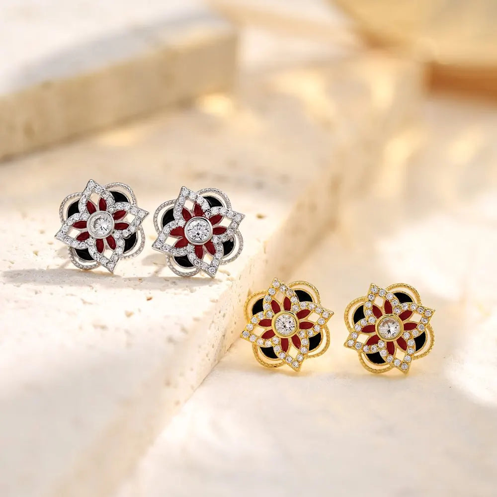 Silver Zircon Round Cut Clover Flower Ear Studs