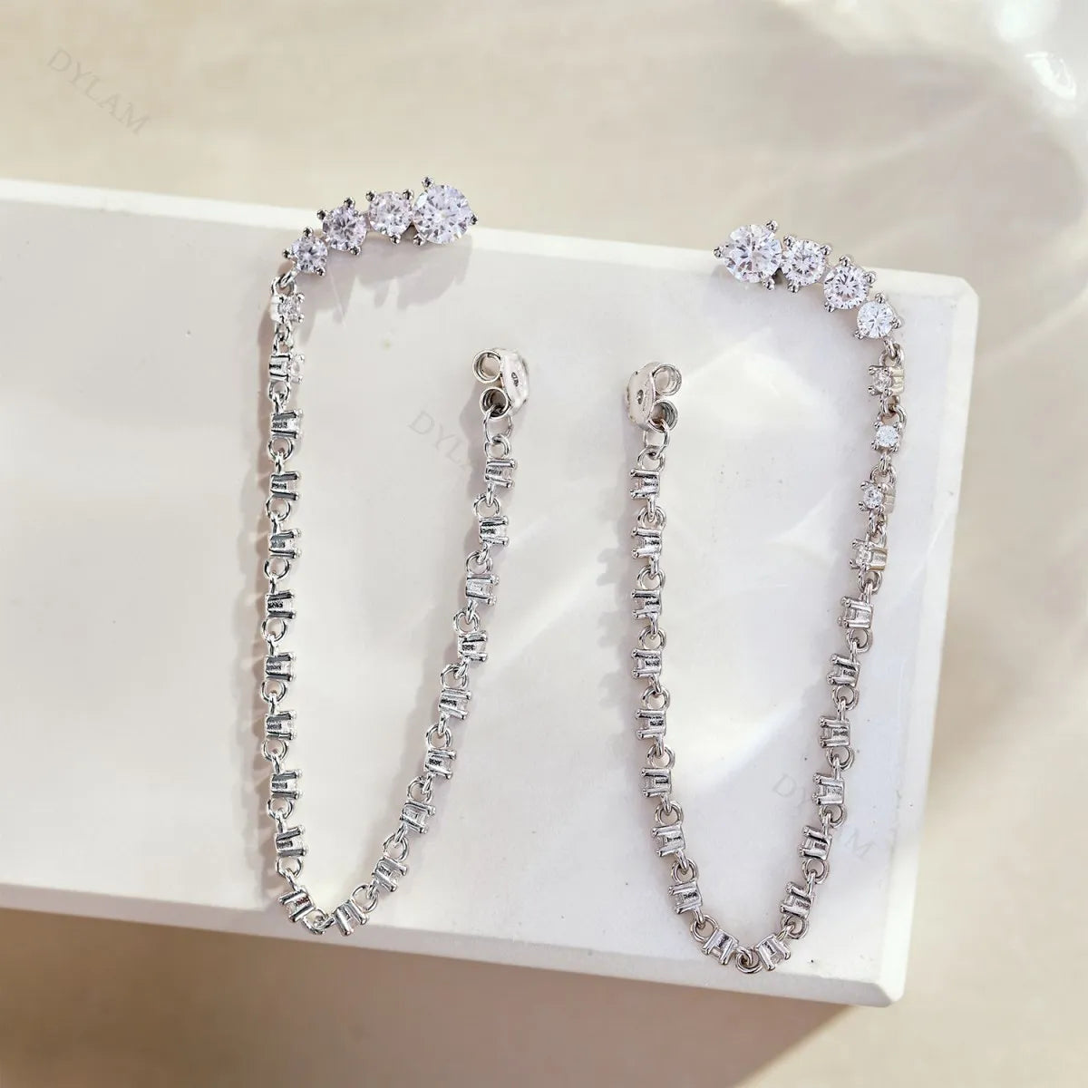 Silver Zircon Round Cut Dangle Tassel Drop Earrings