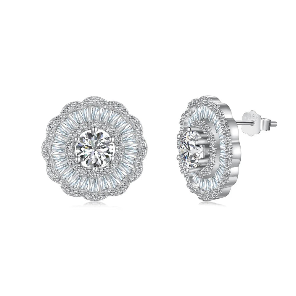 Silver Zircon Round Cut Iced Halo Curved Ear Studs