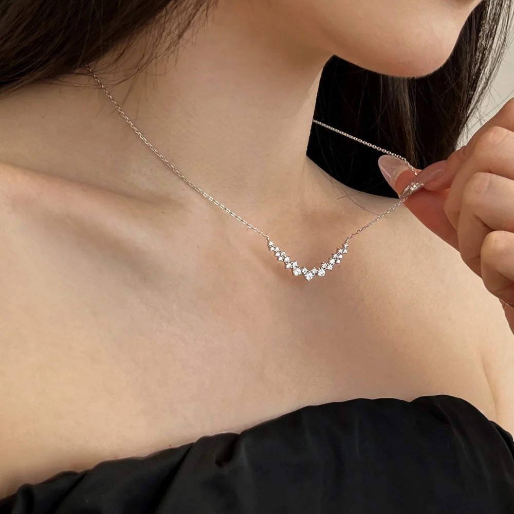 Silver Zircon Round Cut Irregular Bar Necklace