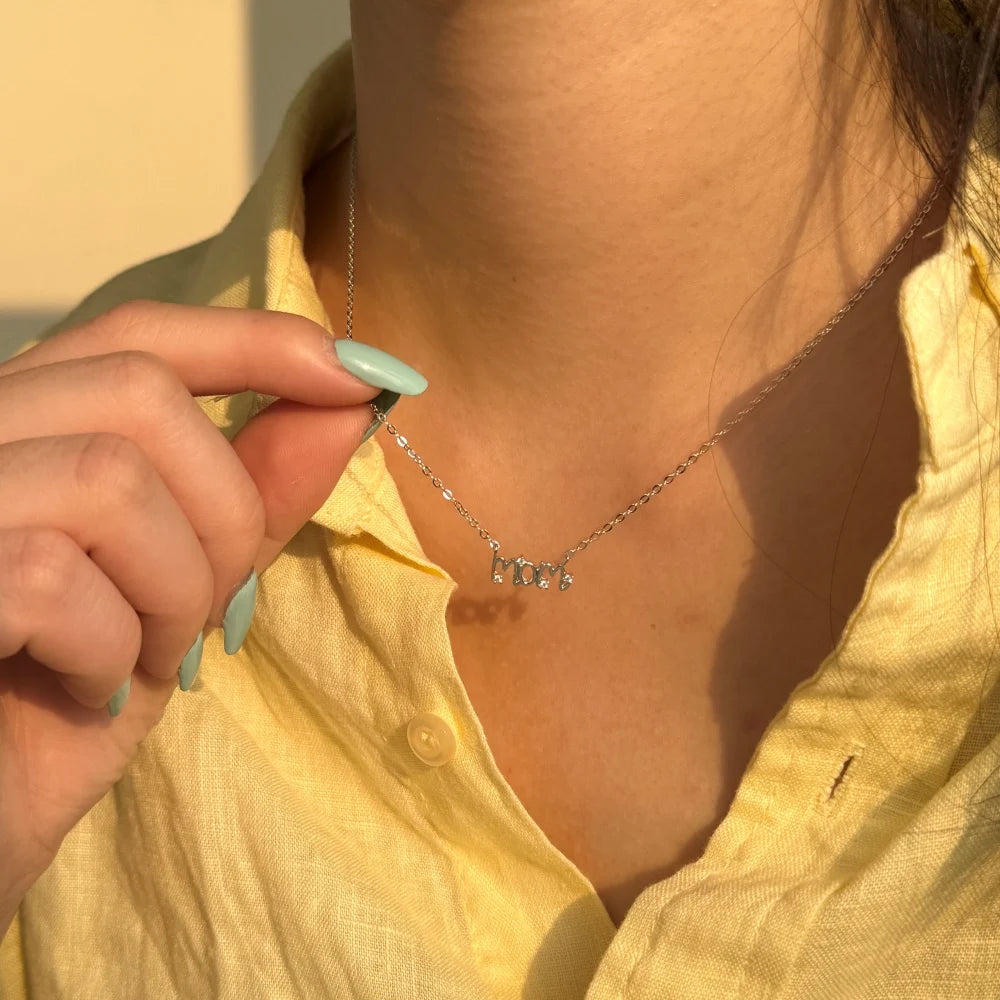 Silver Zircon Round Cut Mom Big Bar Necklace