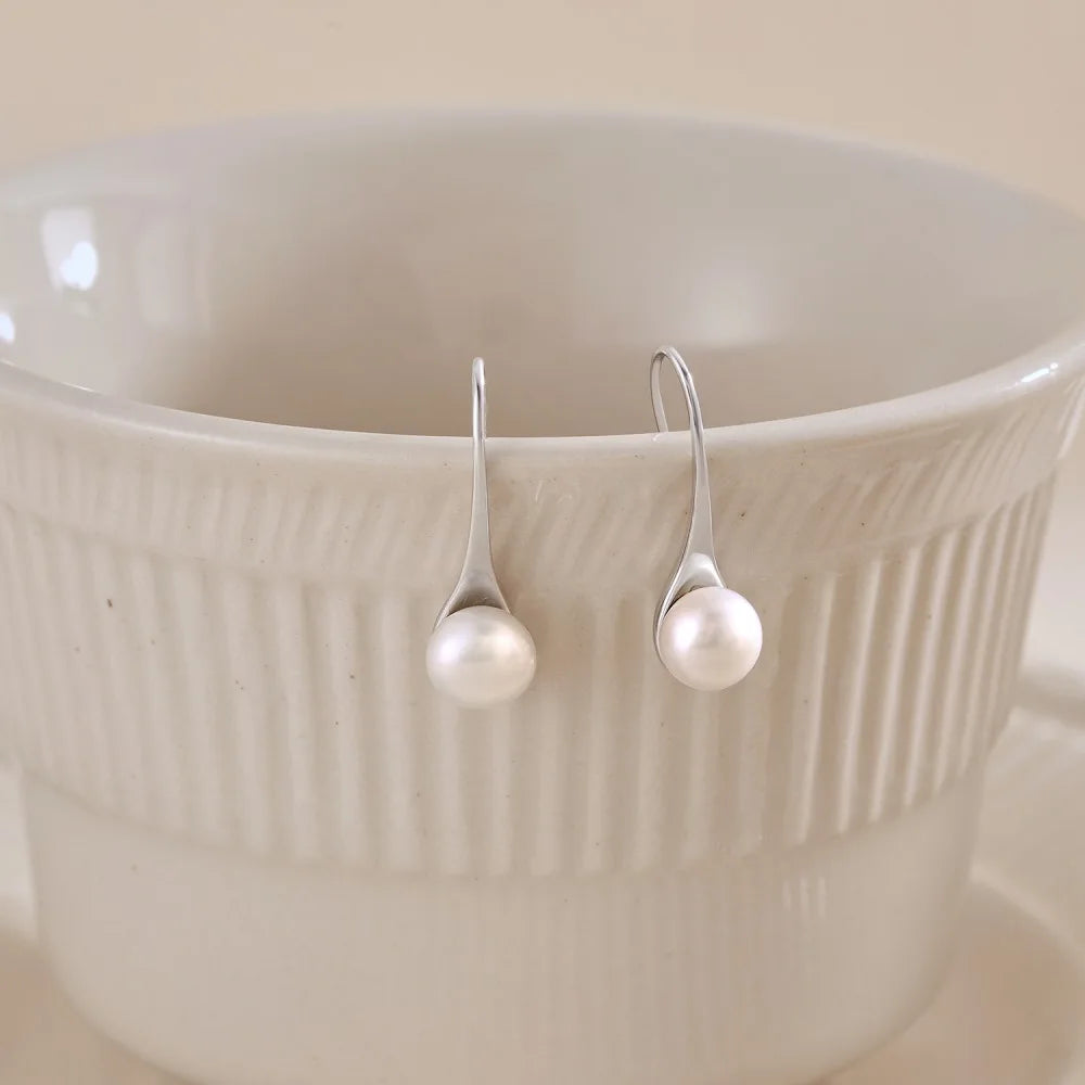 Silver Pearl Spoon Drop Earrings