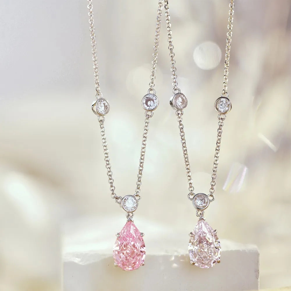Silver Zircon Pear Cut Inlaid Tear Pendant Necklace
