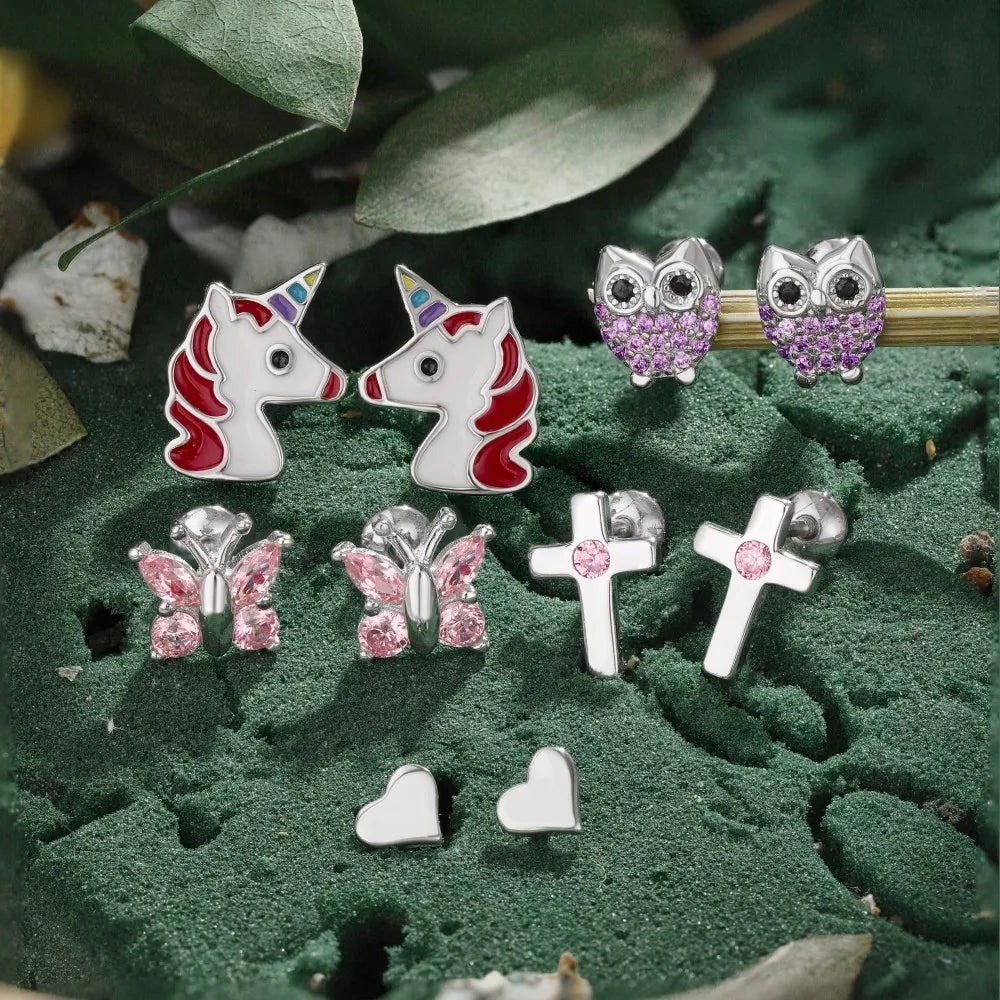 Silver Zircon Round Cut Owl Ear Studs