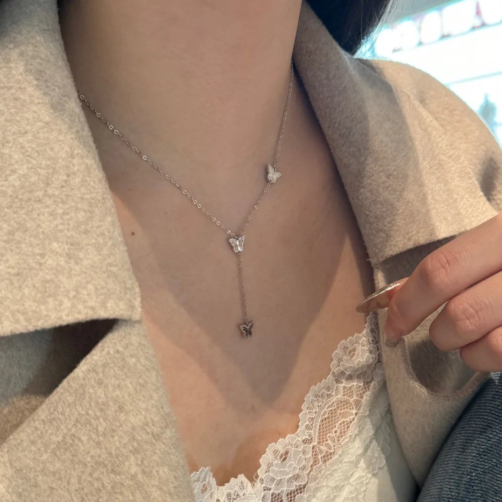 Silver Brushed Stacked Butterfly Chain Necklace