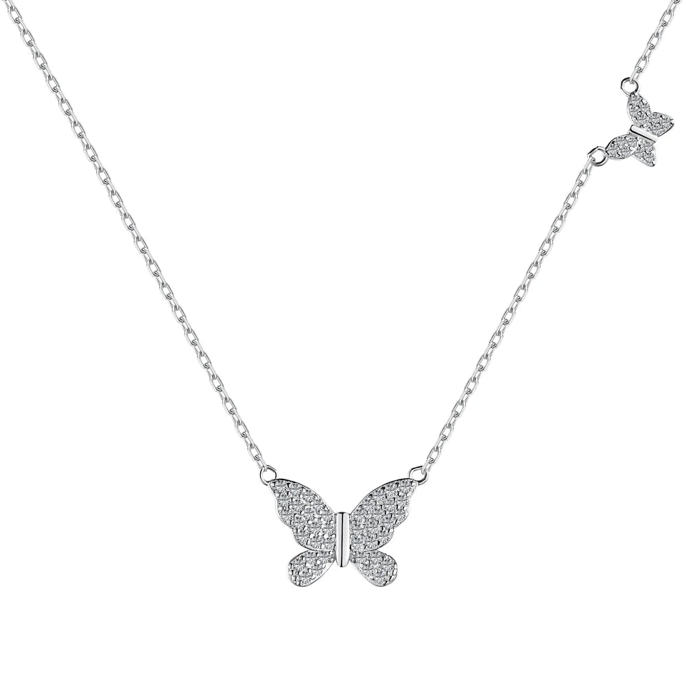 Silver Zircon Round Cut Butterfly Pendant Necklace