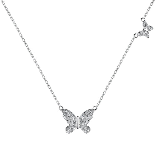 Silver Zircon Round Cut Butterfly Pendant Necklace