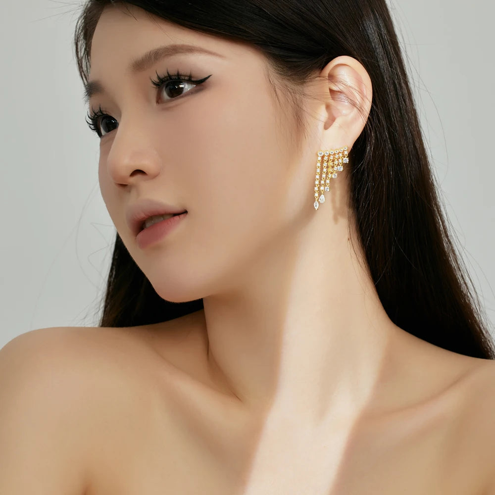 Silver Zircon Pear Cut Multi Layer Tassel Drop Earrings