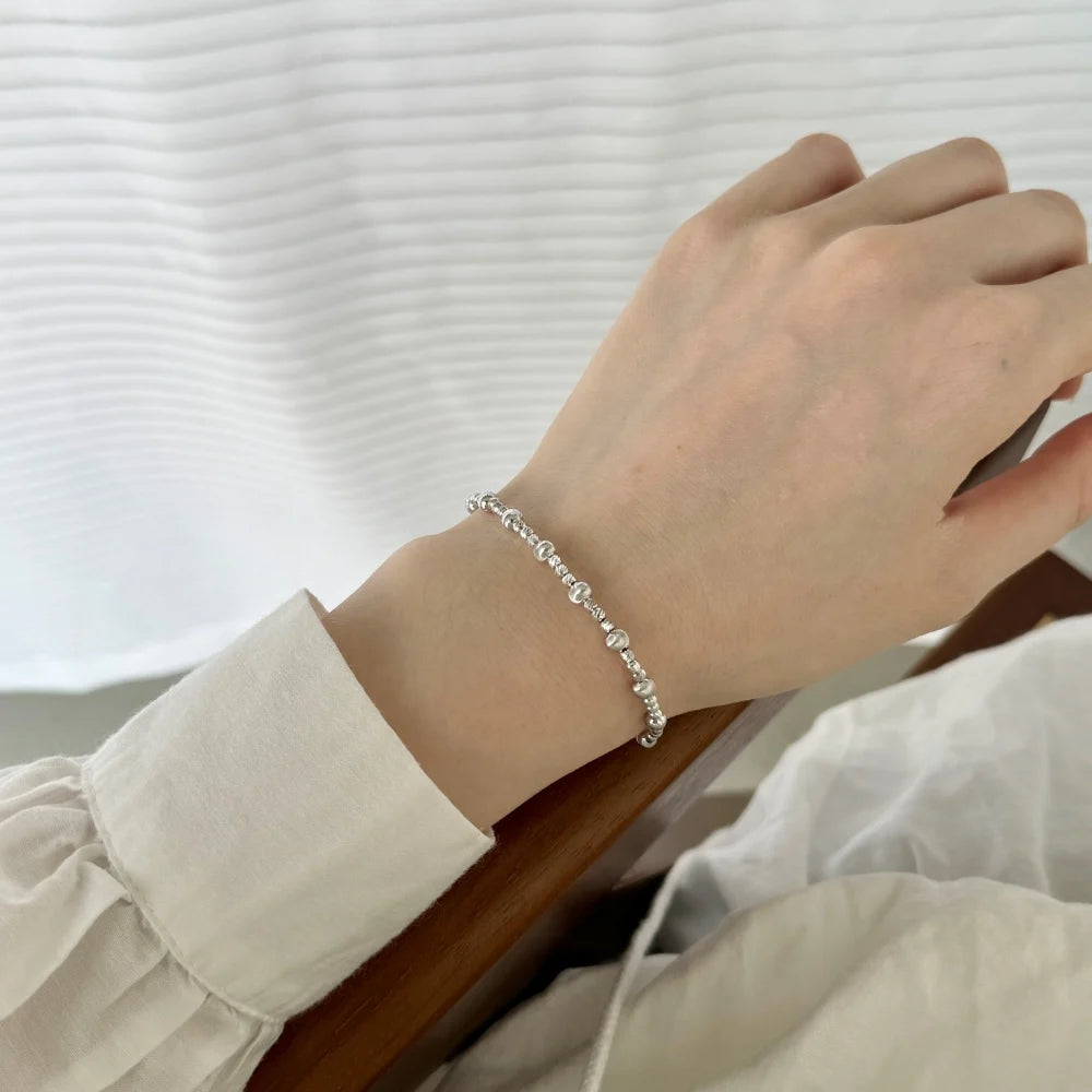 Silver Small Brushed Layered Bangles Beaded Bracelet