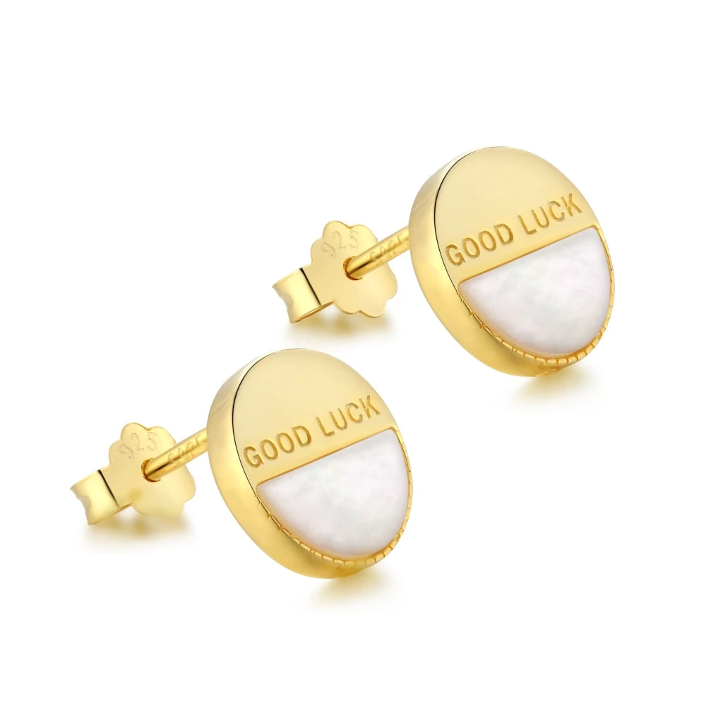 Silver Opal Half Moon Cut Good Luck Disc Ear Studs