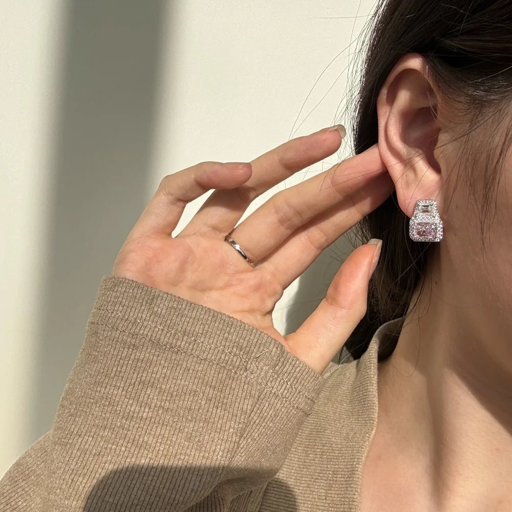 Silver Zircon Radiant Cut Halo Stacked Jewelry Set