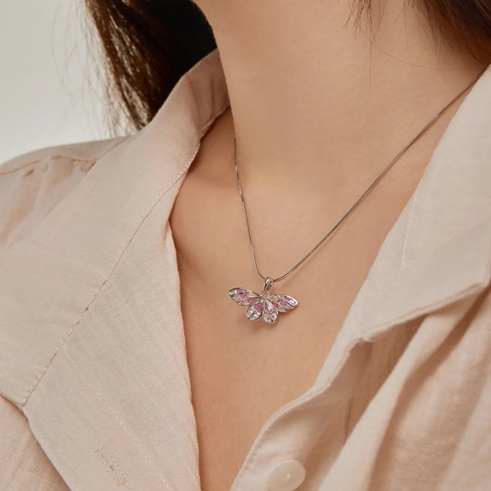 Silver Zircon Baguette Cut Butterfly Pendant Necklace