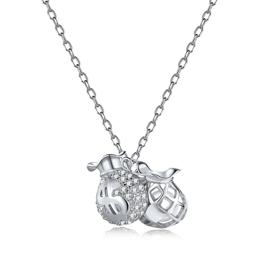 Silver Zircon Round Cut Money Bag Pendant Necklace