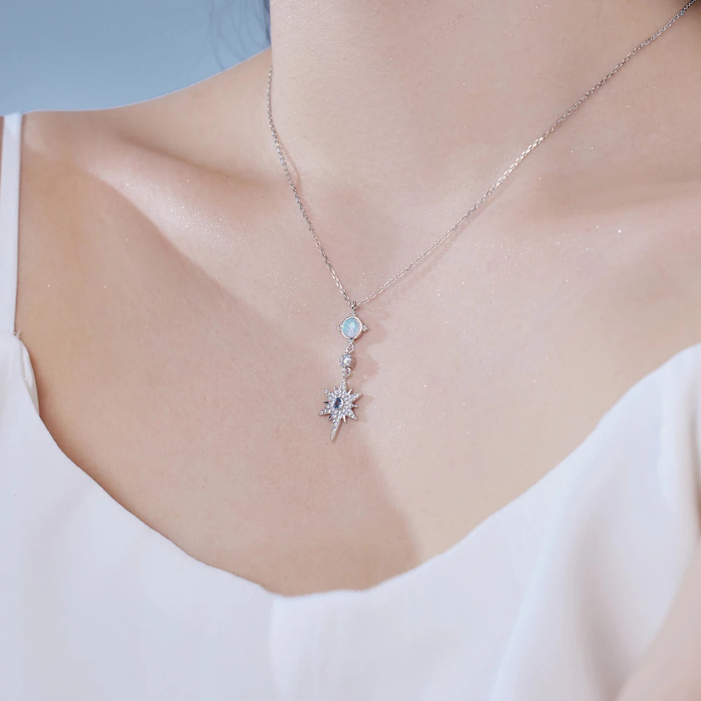 Silver Zircon Round Cut Hexagram Pendant Necklace