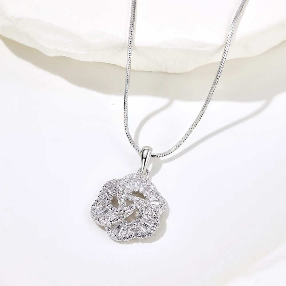Silver Zircon Tapered Baguette Cut Iced Flower Pendant Necklace