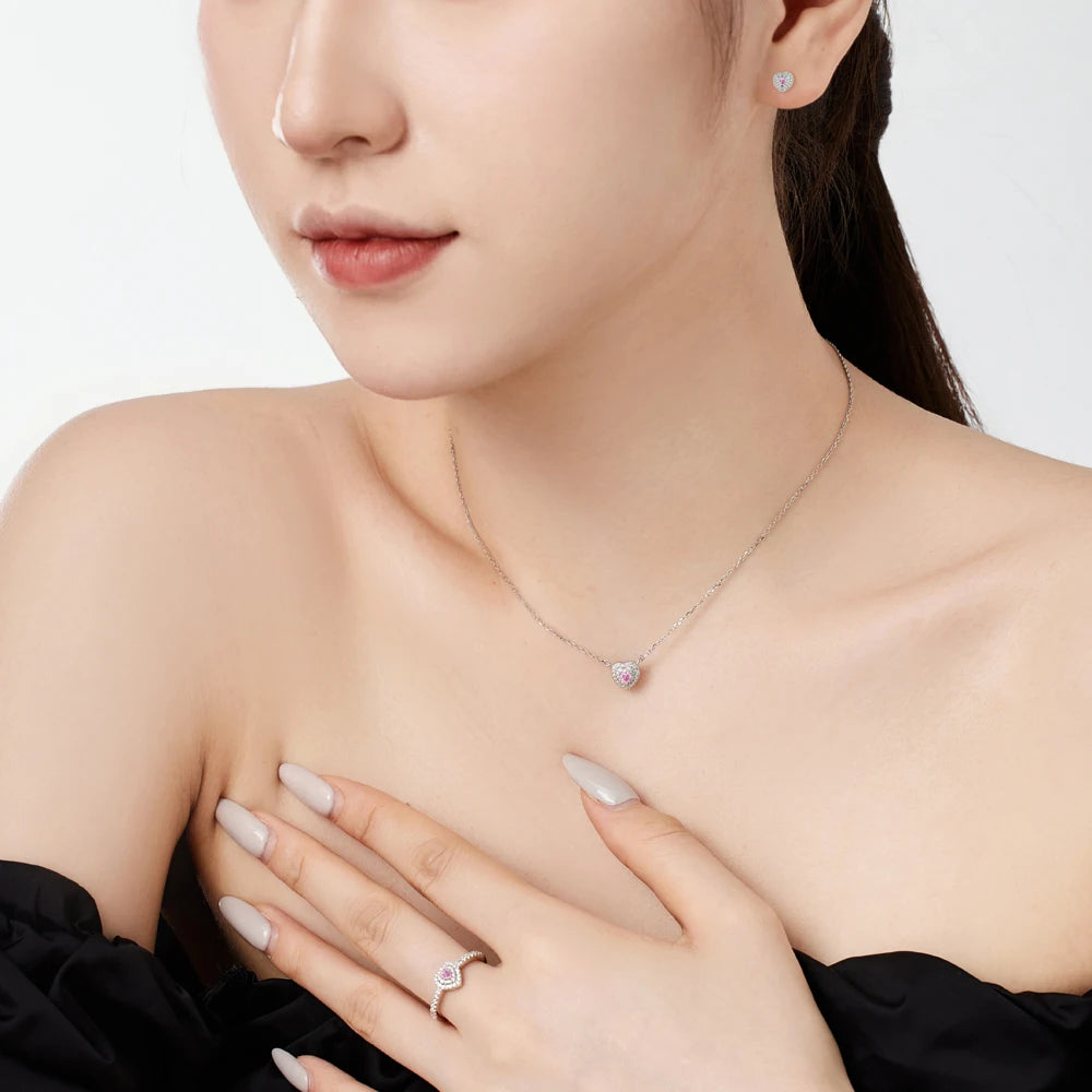 Silver Zircon Heart Cut Iced Heart Pendant Necklace