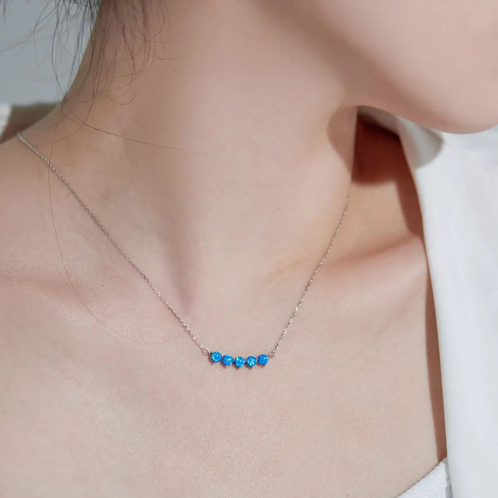 Silver Opal Round Cut Dots Bar Necklace