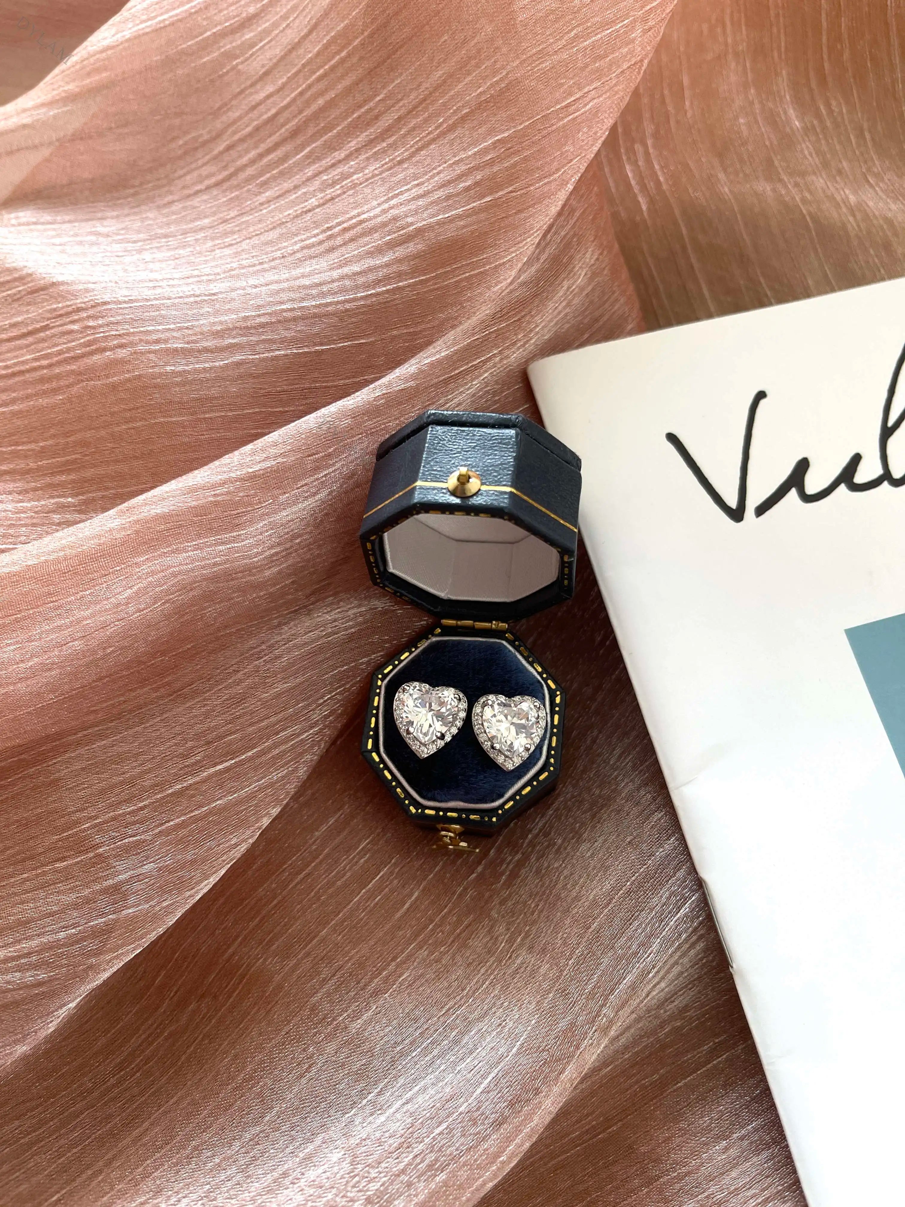 Silver Zircon Heart Cut Big Inlaid Halo Ear Studs