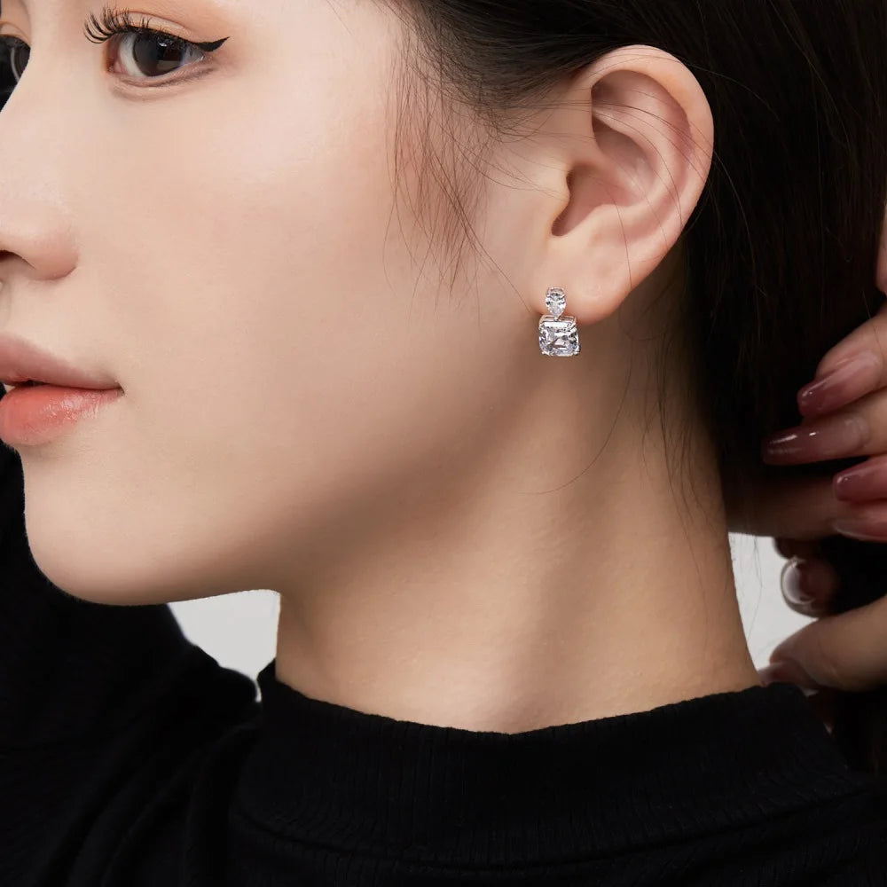 Silver Zircon Emerald Square Cut Squared Tear Ear Studs