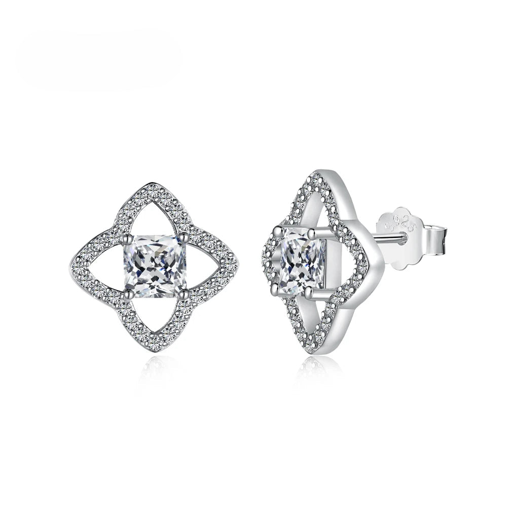 Silver Zircon Princess Cut Hollow Star Ear Studs