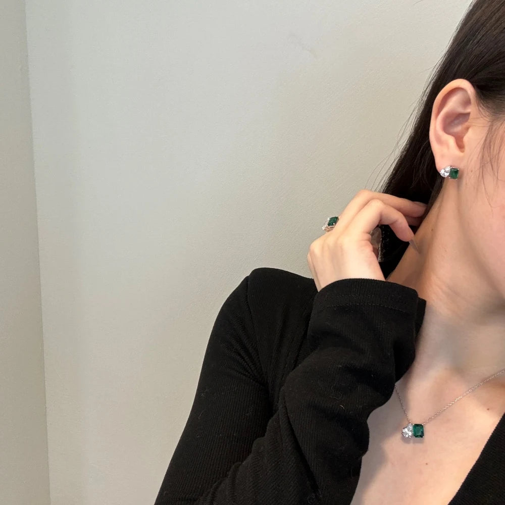 Silver Zircon Emerald Cut Toi Et Moi Pendant Necklace