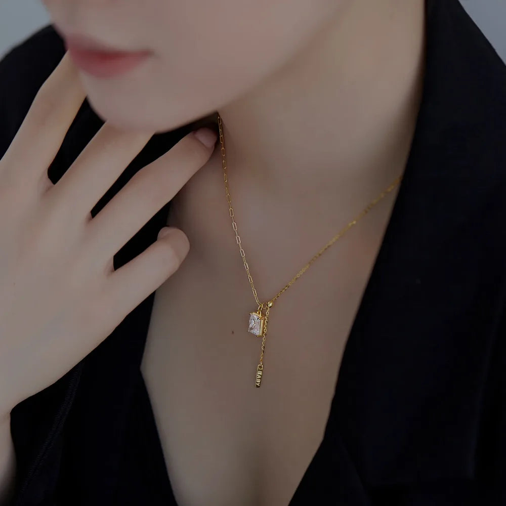 Silver Zircon Radiant Cut Duel Link Pendant Necklace