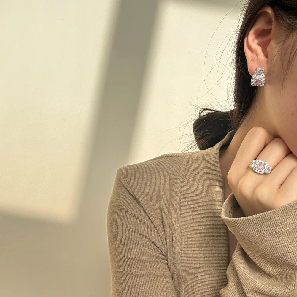 Silver Zircon Radiant Cut Halo Stacked Jewelry Set