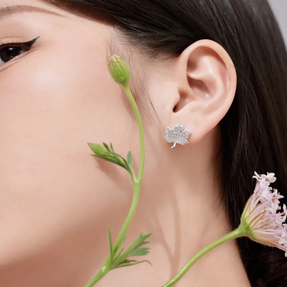 Silver Zircon Round Cut Maple Leaf Ear Studs