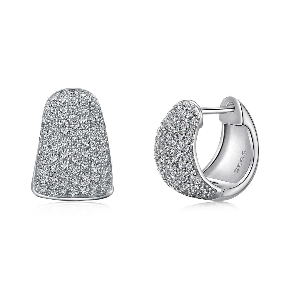 Silver Zircon Round Cut Iced Chunky Huggie Earrings
