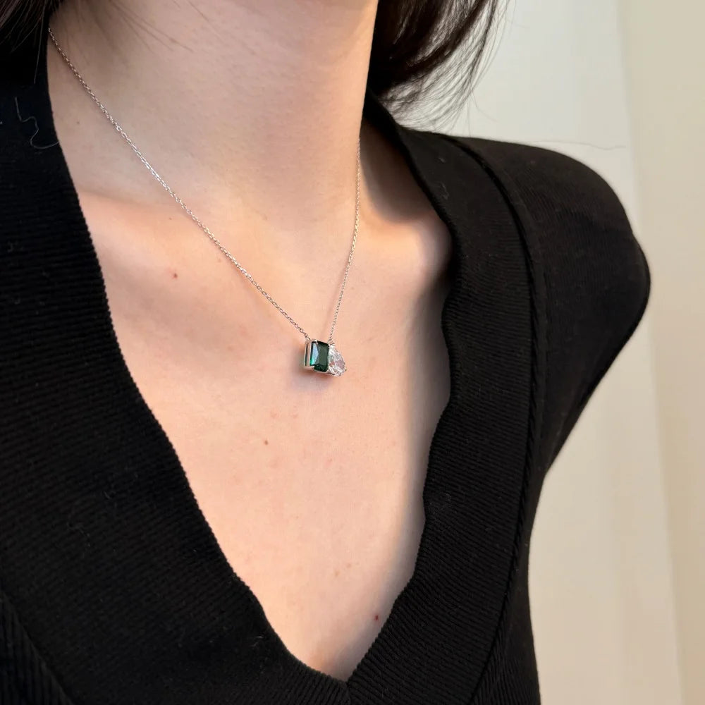 Silver Zircon Emerald Cut Toi Et Moi Pendant Necklace