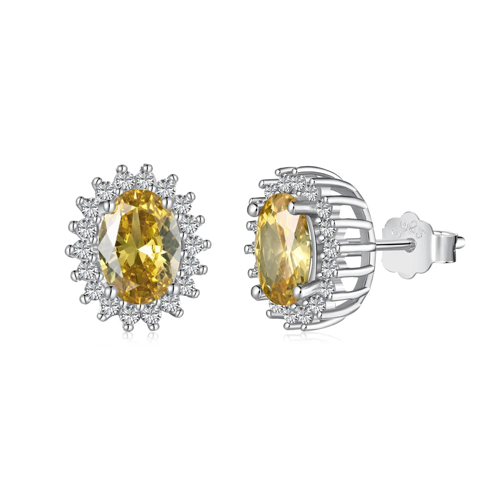 Silver Zircon Oval Cut Halo Flower Ear Studs