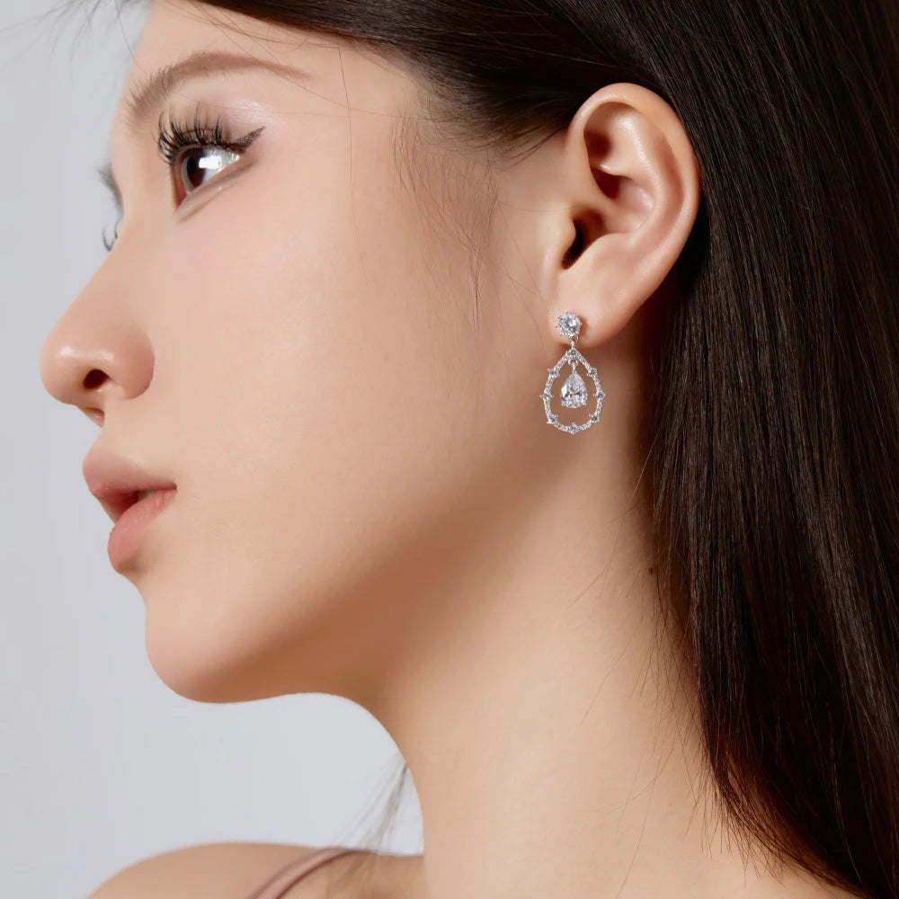 Silver Zircon Pear Cut Halo Tear Drop Earrings